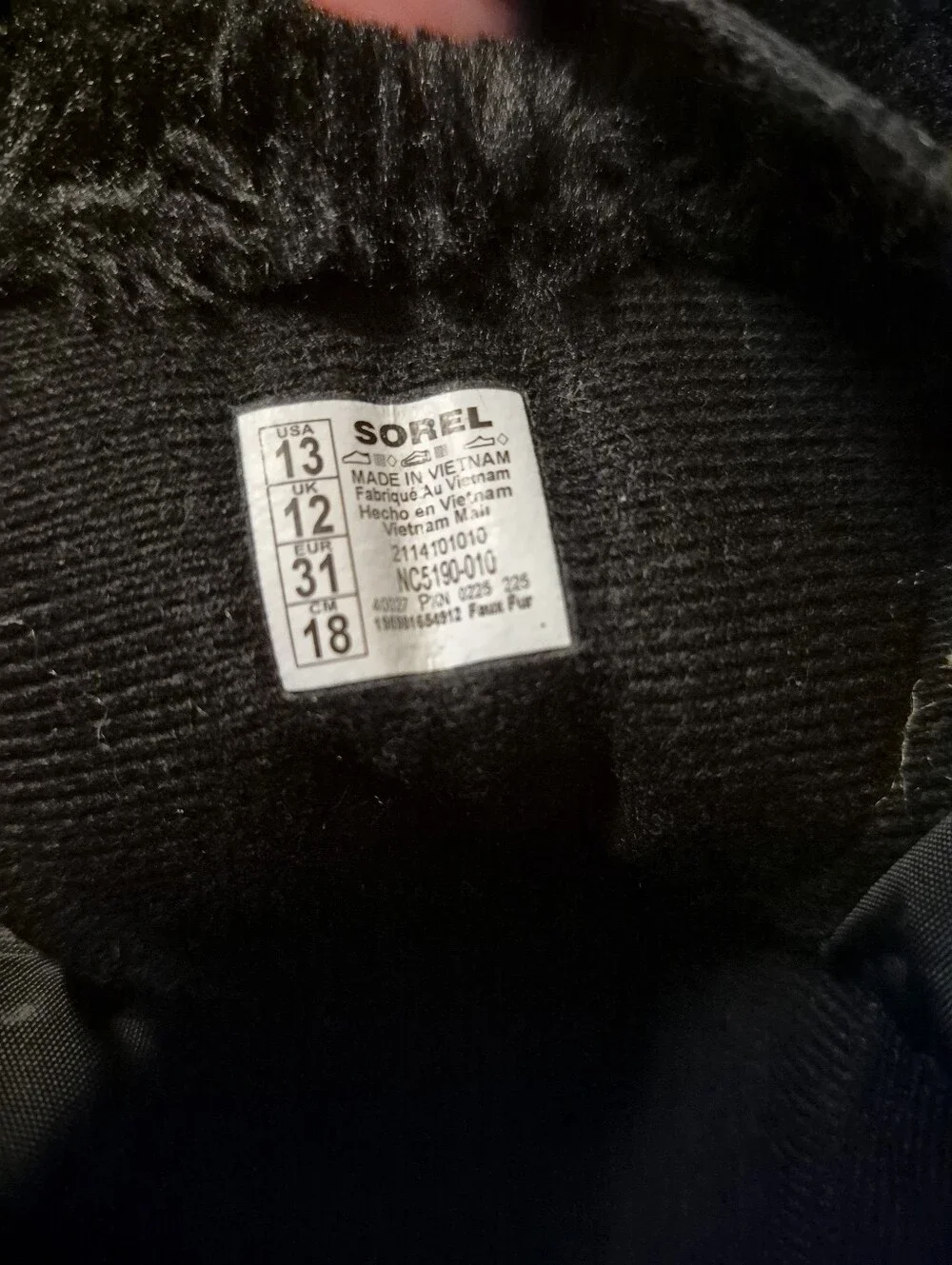 Size 13 Sorel Black Kids Winter Boot with Faux Fur Cuff